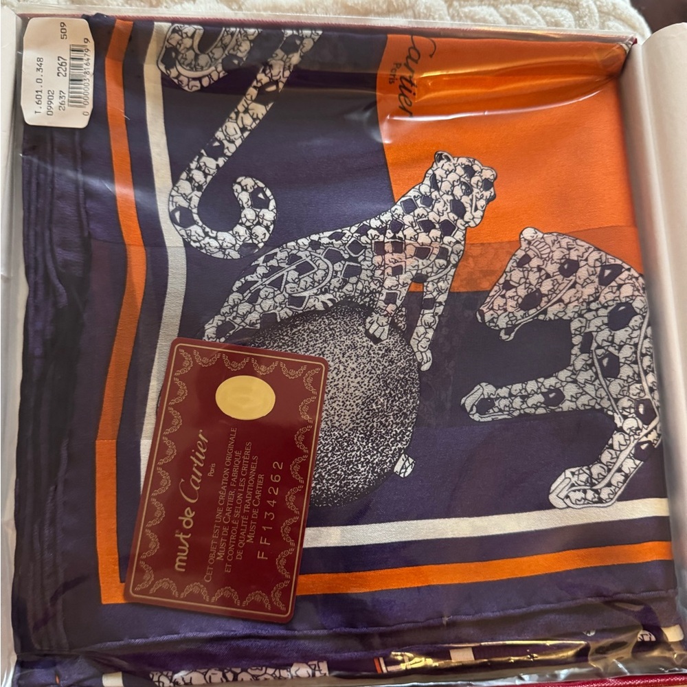 Cartier Silk Scarf with Orange and Blue Leopard Design brand new in box